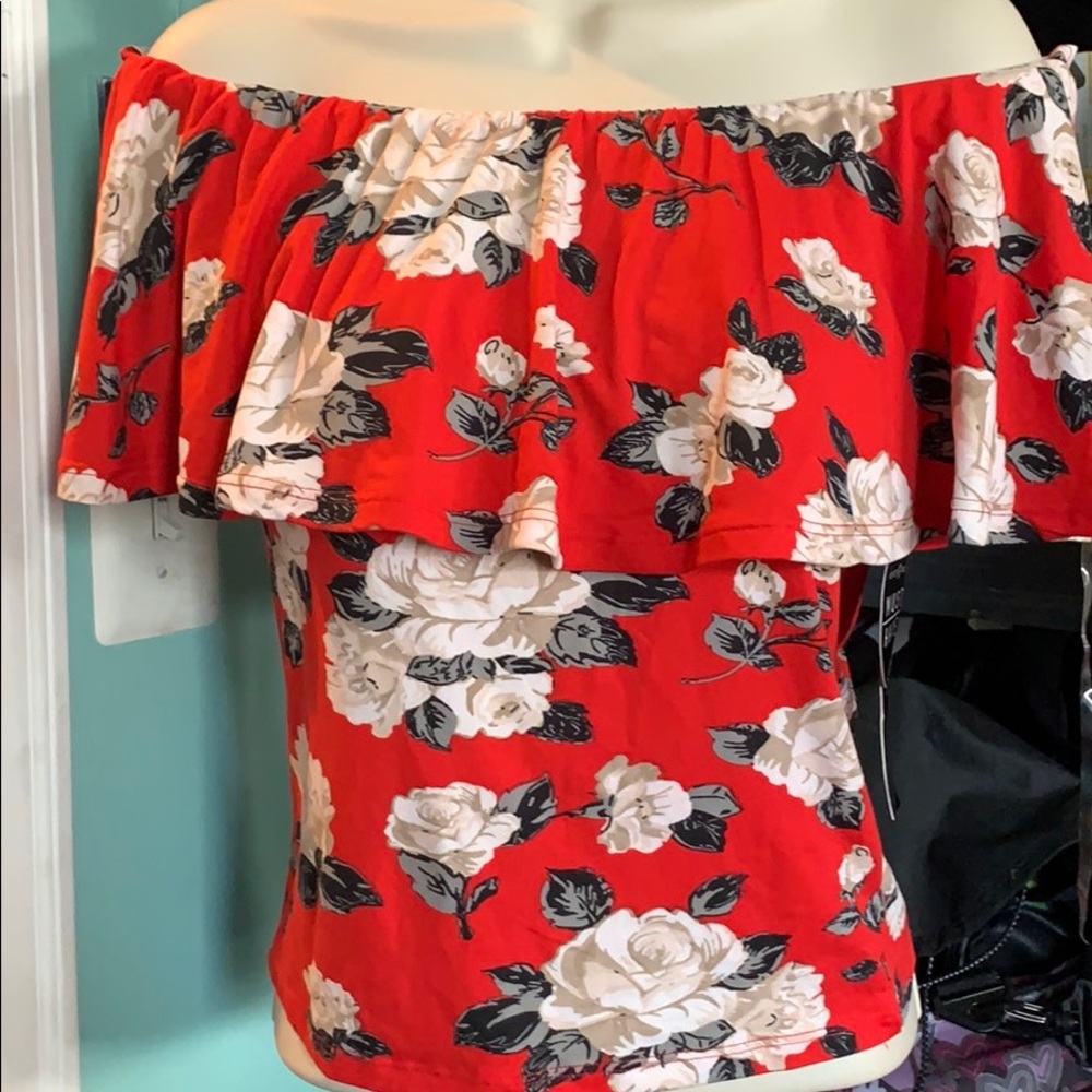 Red floral off the shoulder ruffle top
